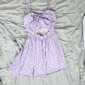 Bonne Chance lavender dress with white polka dots and cut out design
